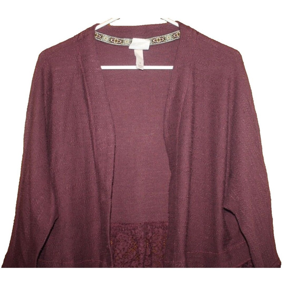 Knox Rose LS Cardigan Sweater Womens Sz S Purple Lace Trim Open Front GUC - Picture 2 of 7